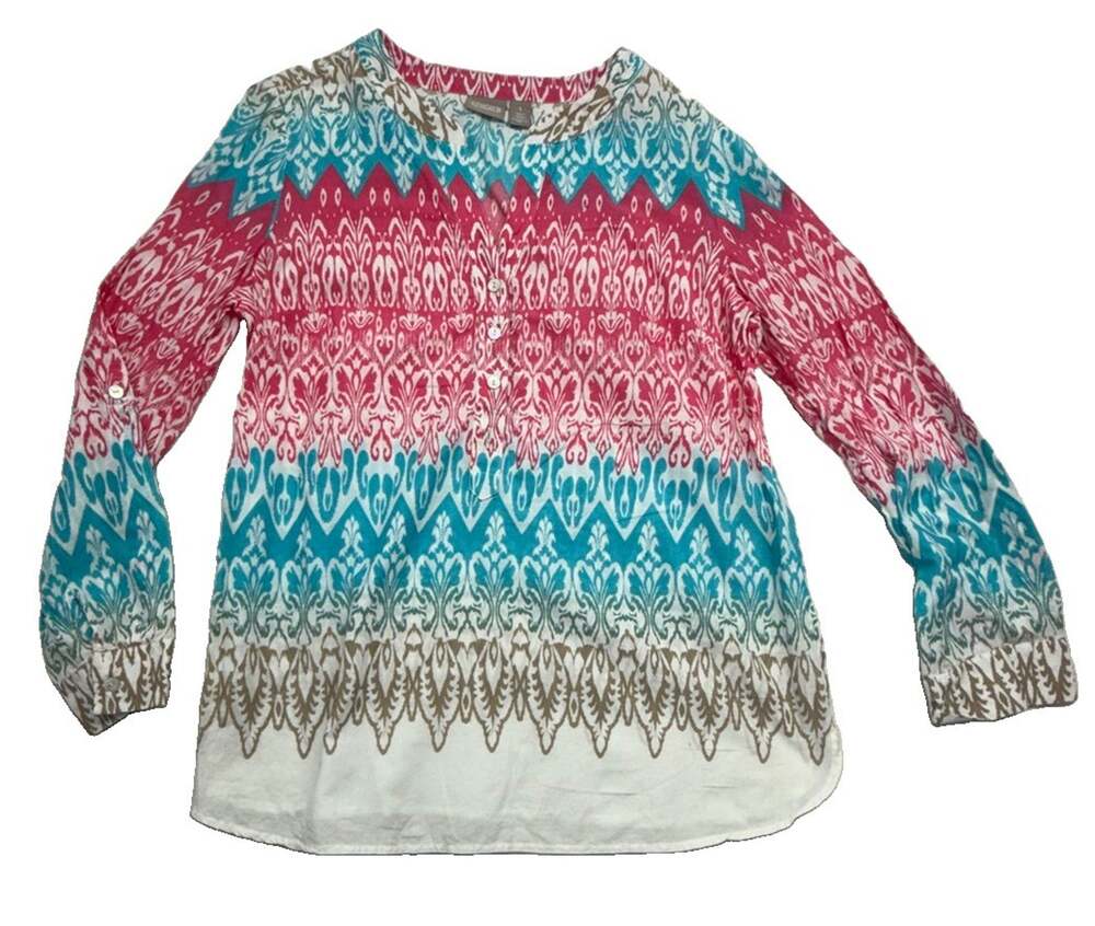 Chico’s Blouse Womens 1 M Pink Turquoise Ikat Print Cotton Roll Tab Boho